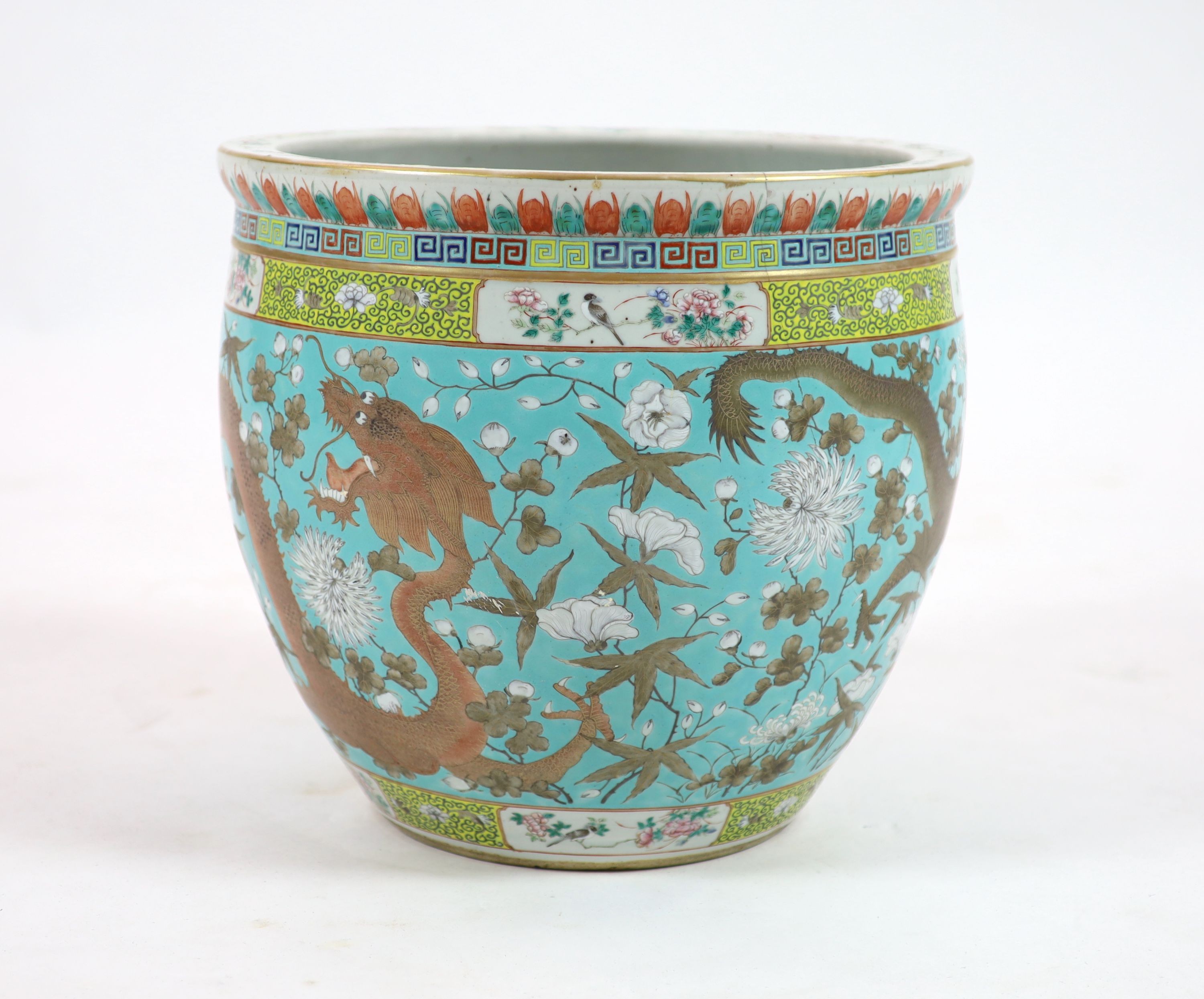 A Chinese famille rose ‘fish’ bowl, late 19th/early 20th century, 40.5 cm diameter, 37 cm high, cracked